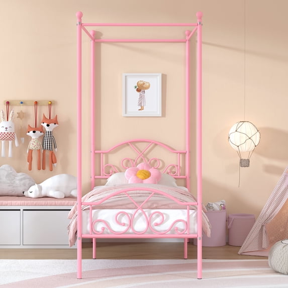 Yoneston Metal Canopy Platform Bed Frame Kids Poster Bed with Detachable Canopy Design, Twin, Pink