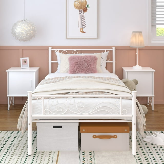 Yoneston Metal Platform Bed Frame Twin Size Single Bed frame with Wave Headboard & Footboard for Adult Bedroom Furniture, White
