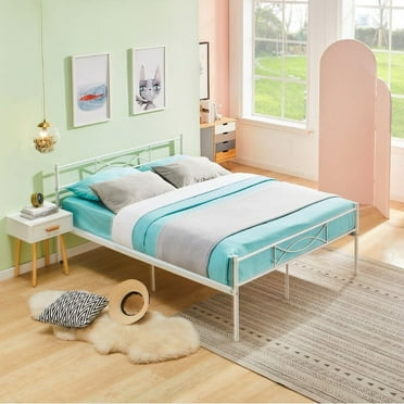Yoneston Metal Queen Platform Bed Frame with Modern Bowknot Headboard & Footboard Bedroom Furniture for Adults, White