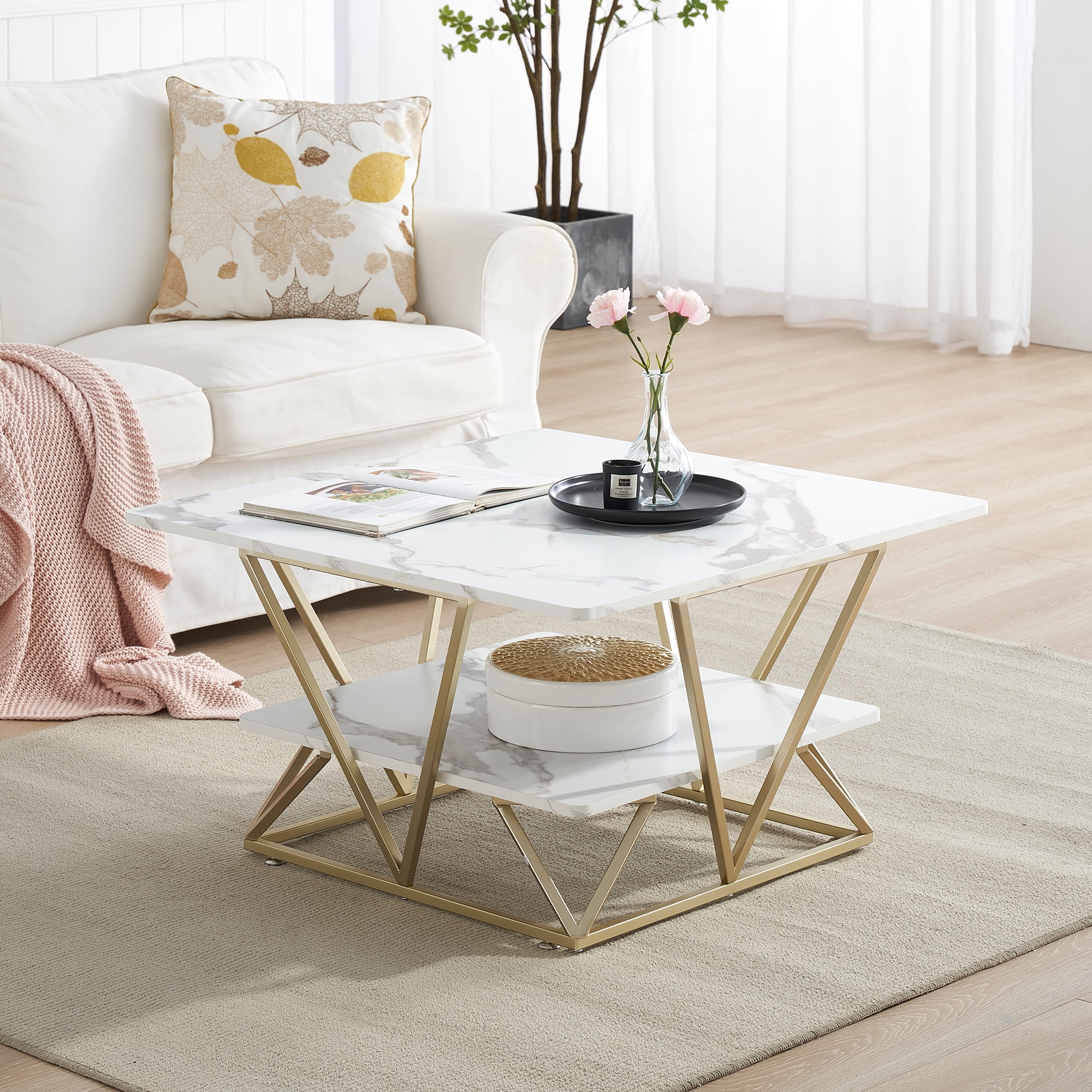 Yoneston Modern Faux Marble 2 Tier Square Coffee Table, Gold