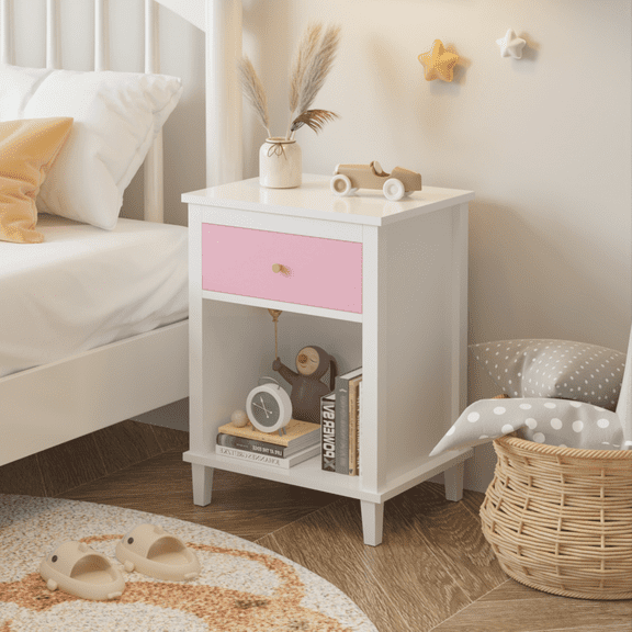 Yoneston Modern Nightstand with Drawer and Open Shelf, Simple Bedside Table for Bedroom, Kids Room, Pink