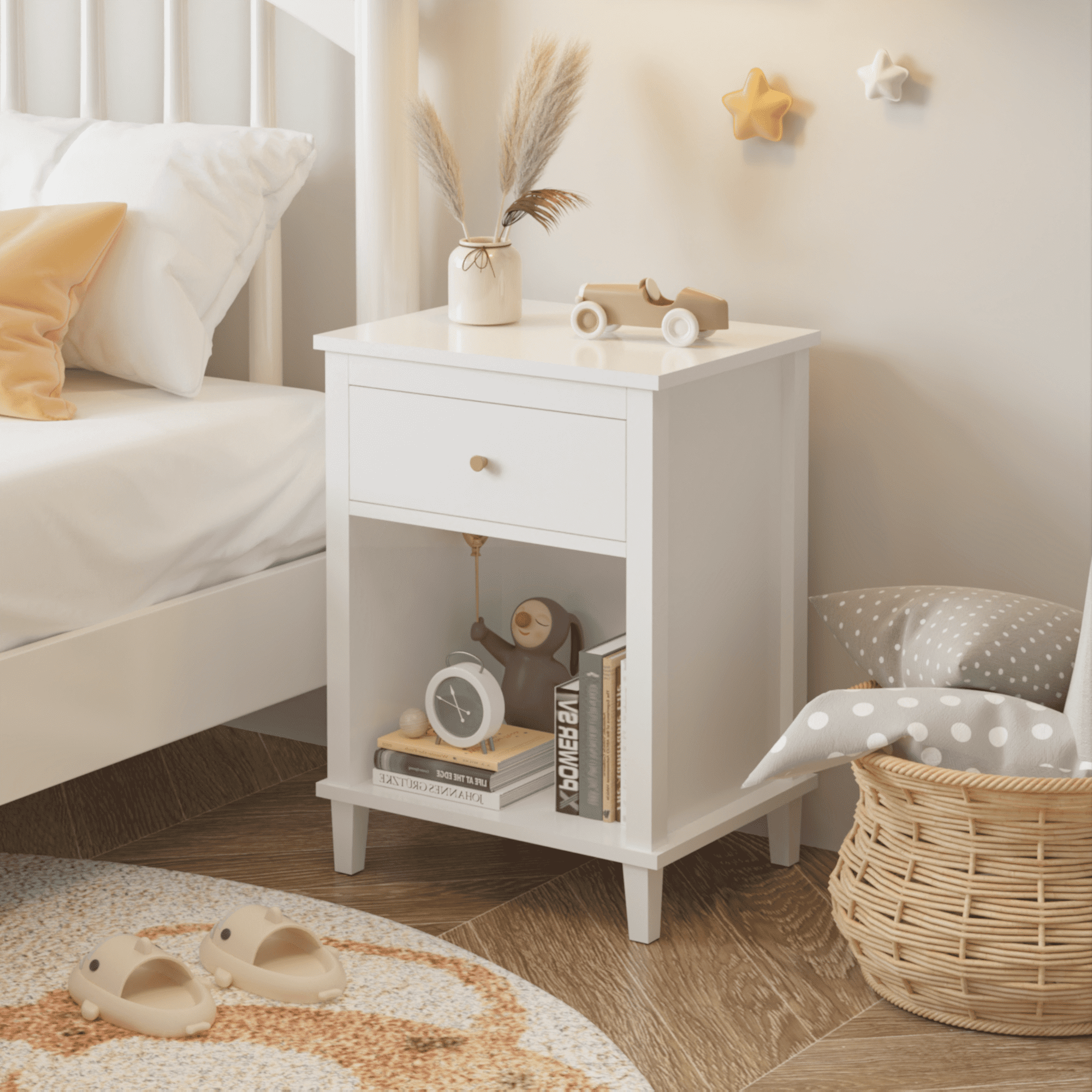 Yoneston Modern Nightstand with Drawer and Open Shelf, Simple Bedside Table for Bedroom, Kids Room, White