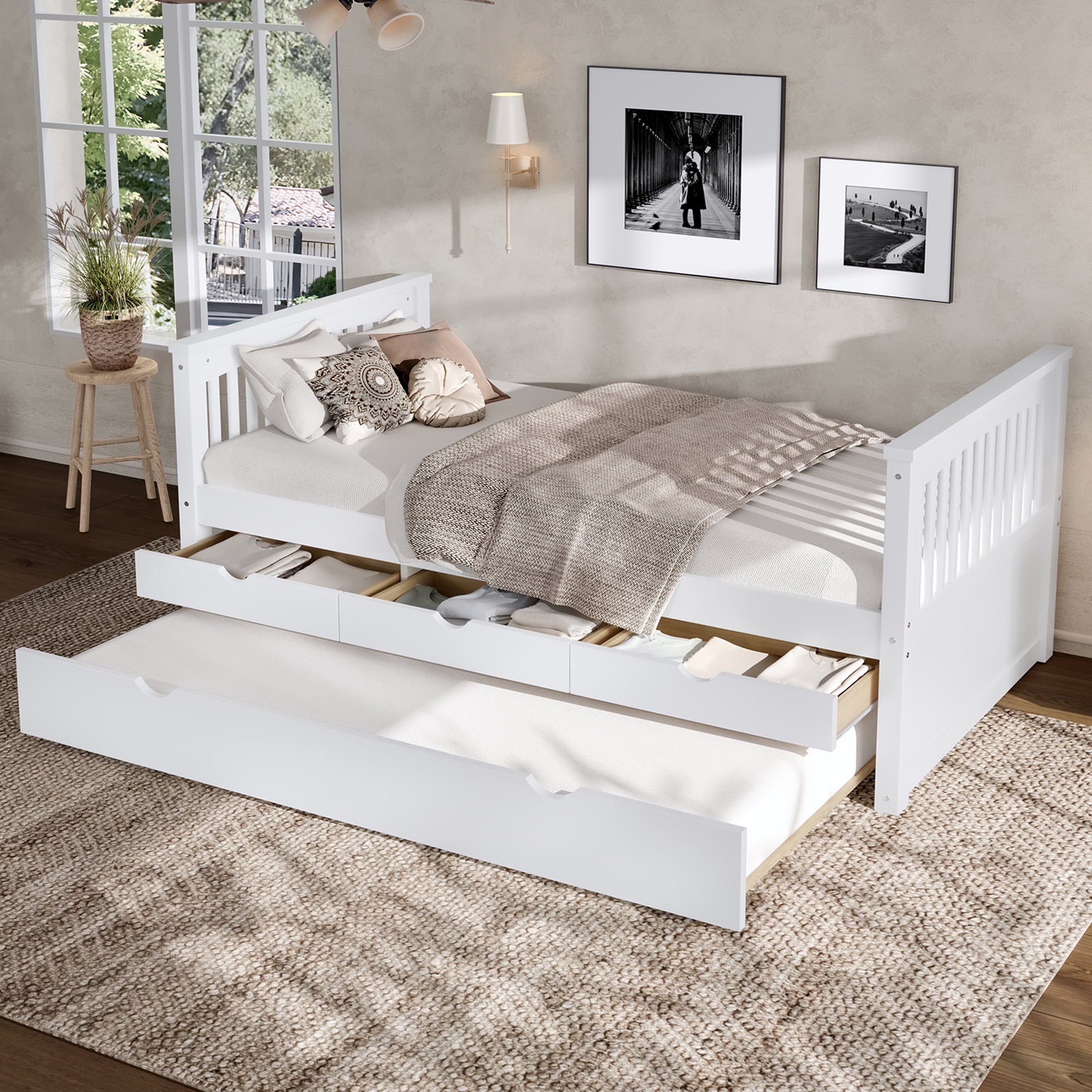 Mintazer Modern Twin Platform Bed with 3 Drawers & Trundle, Kids Wood Storage Bed for Bedrooms Guest Rooms, White