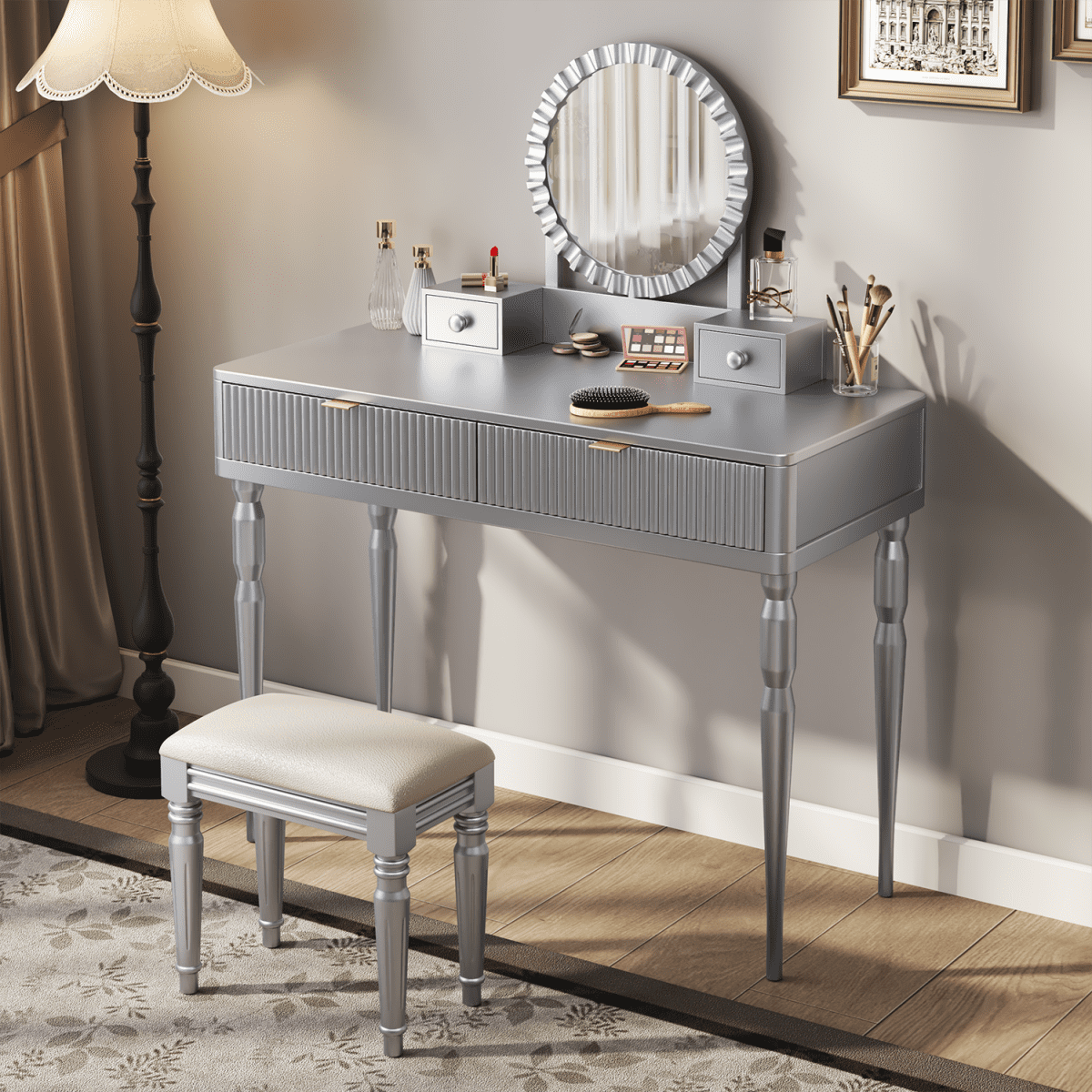 Yoneston Modern Vanity Set with Round Mirror, Makeup Table with 4 Drawers & Cushioned Stool Included and Height Adjustable, Silver