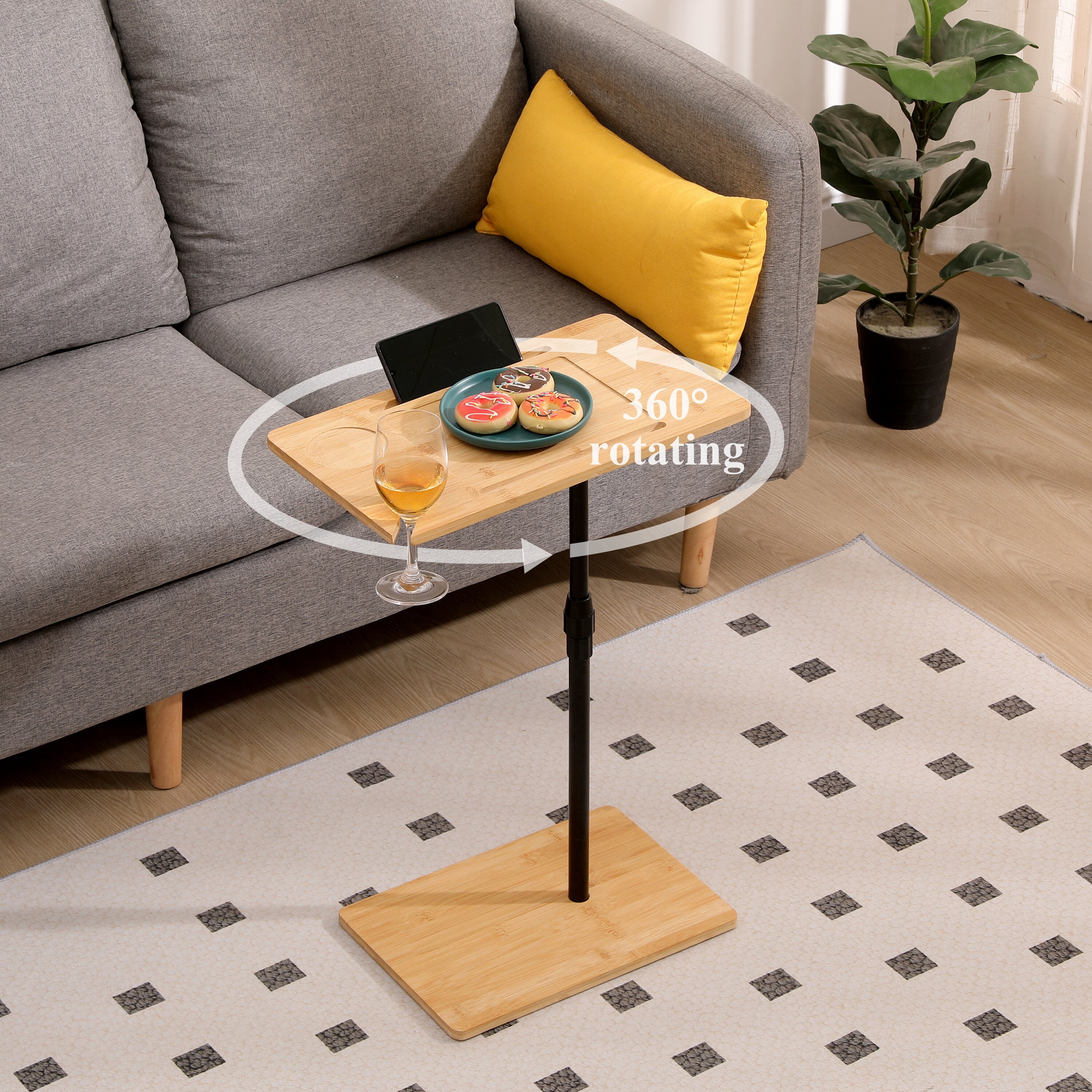 Yoneston Natural C-Shaped End Table Rotating Adjustable Height Couch Tray Table Bedside Table with Wine Slots & Phone Holder for Bed Sofa Bathtub, Rectangle