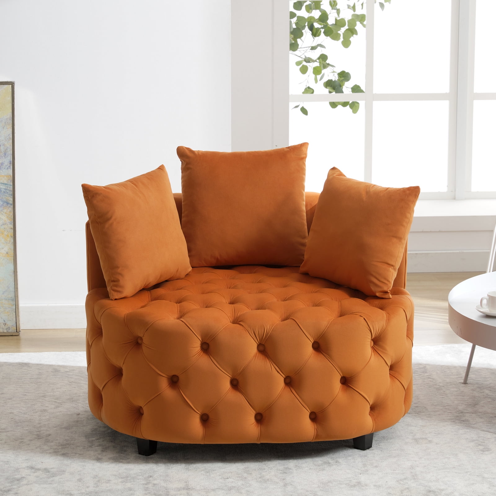 Yoneston Oversized Tufted Barrel Chair, Round Velvet Accent Chair with 3 Pillows, Comfy Lounge Sofa Chair for Living Room Bedroom Hotel Office, Orange