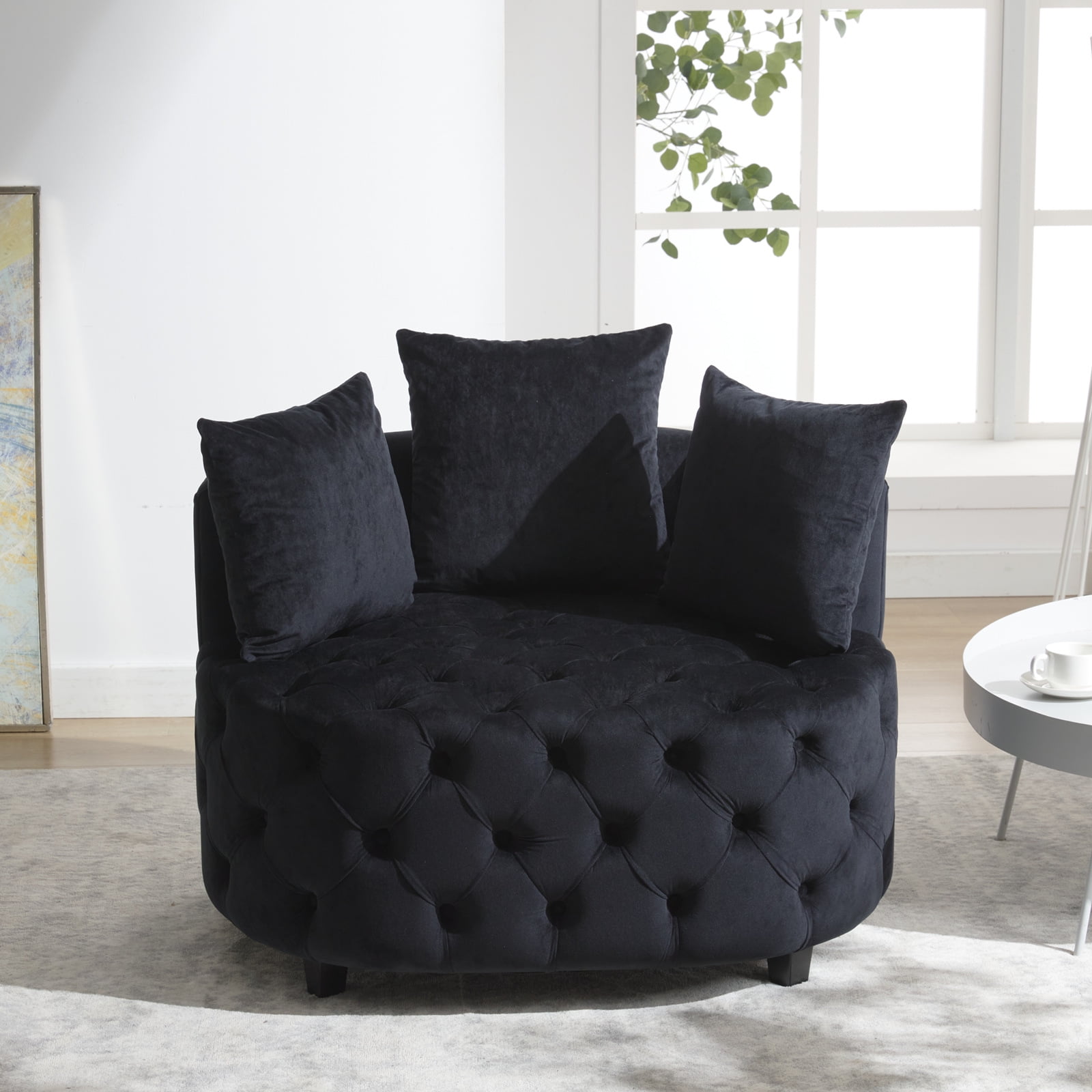 Yoneston Oversized Tufted Barrel Chair, Round Velvet Accent Chair with 3 Pillows, Comfy Lounge Sofa Chair for Living Room Bedroom Hotel Office, Black