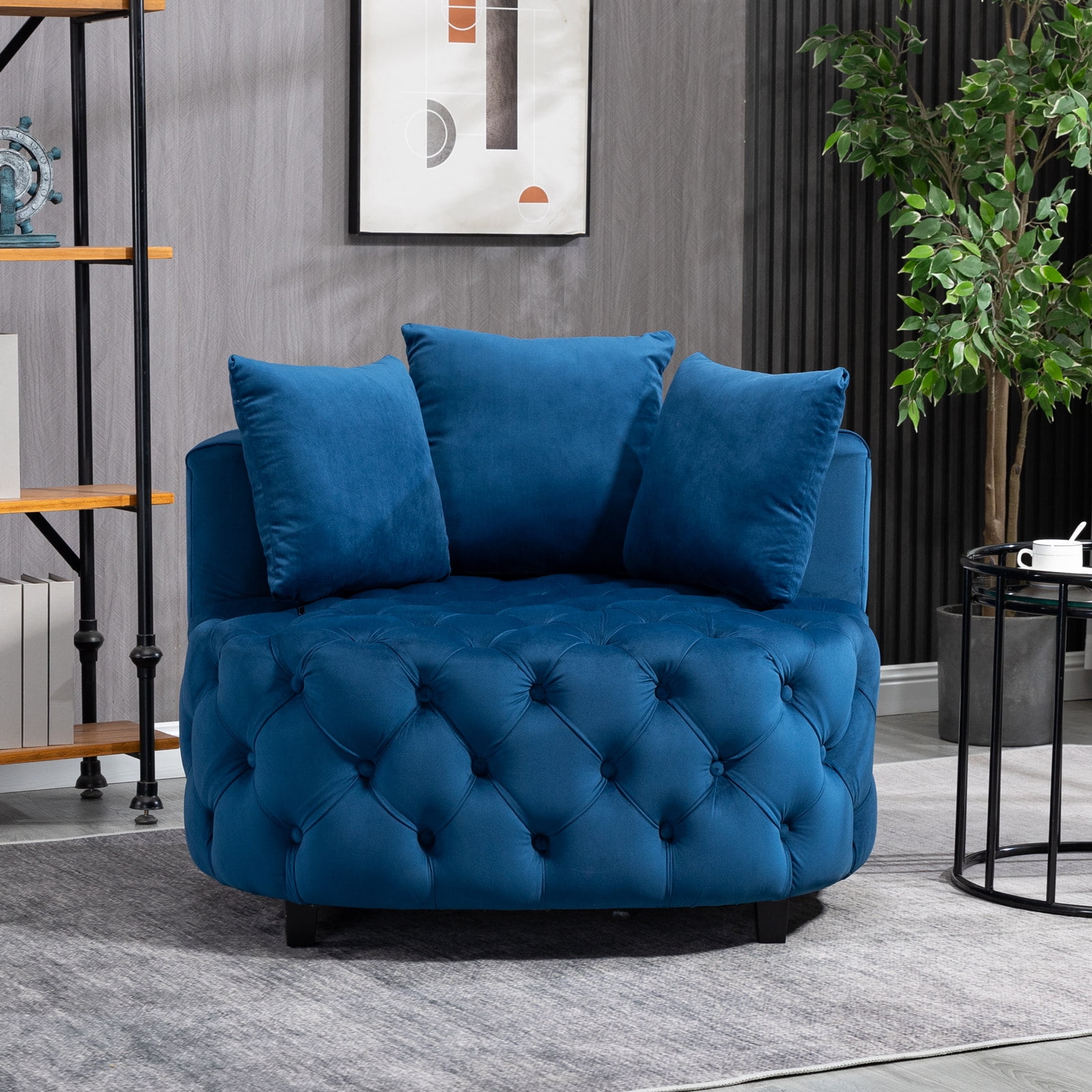 Yoneston Oversized Tufted Barrel Chair, Round Velvet Accent Chair with 3 Pillows, Comfy Lounge Sofa Chair for Living Room Bedroom Hotel Office, Blue