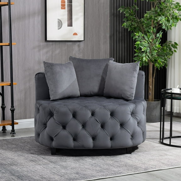 Yoneston Oversized Tufted Barrel Chair, Round Velvet Accent Chair with 3 Pillows, Comfy Lounge Sofa Chair for Living Room Bedroom Hotel Office, Grey