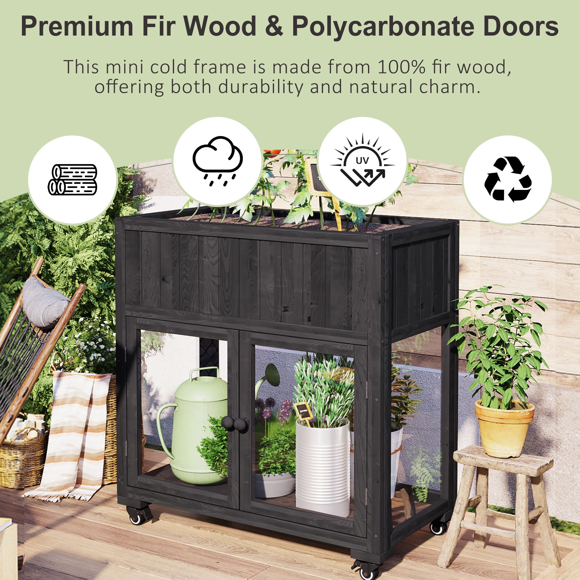 Yoneston Patio Mini Wood Cold Frame, 35.4''x17.7''x37.4'',Compact 2 Doors Garden Greenhouse with Wheels, Raised Bed with Liner for Indoor Outdoor Use, Black