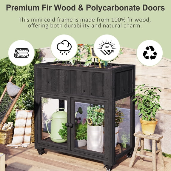 Yoneston Patio Mini Wood Cold Frame, 35.4''x17.7''x37.4'',Compact 2 Doors Garden Greenhouse with Wheels, Raised Bed with Liner for Indoor Outdoor Use, Black