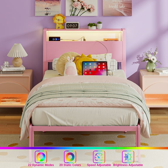 Yoneston Power Outlet LED Light Twin Metal Platform Bed Frame with 2-Tier Storage USB Port Charging Station Headboard for Kids Boys Girls Adults, Pink