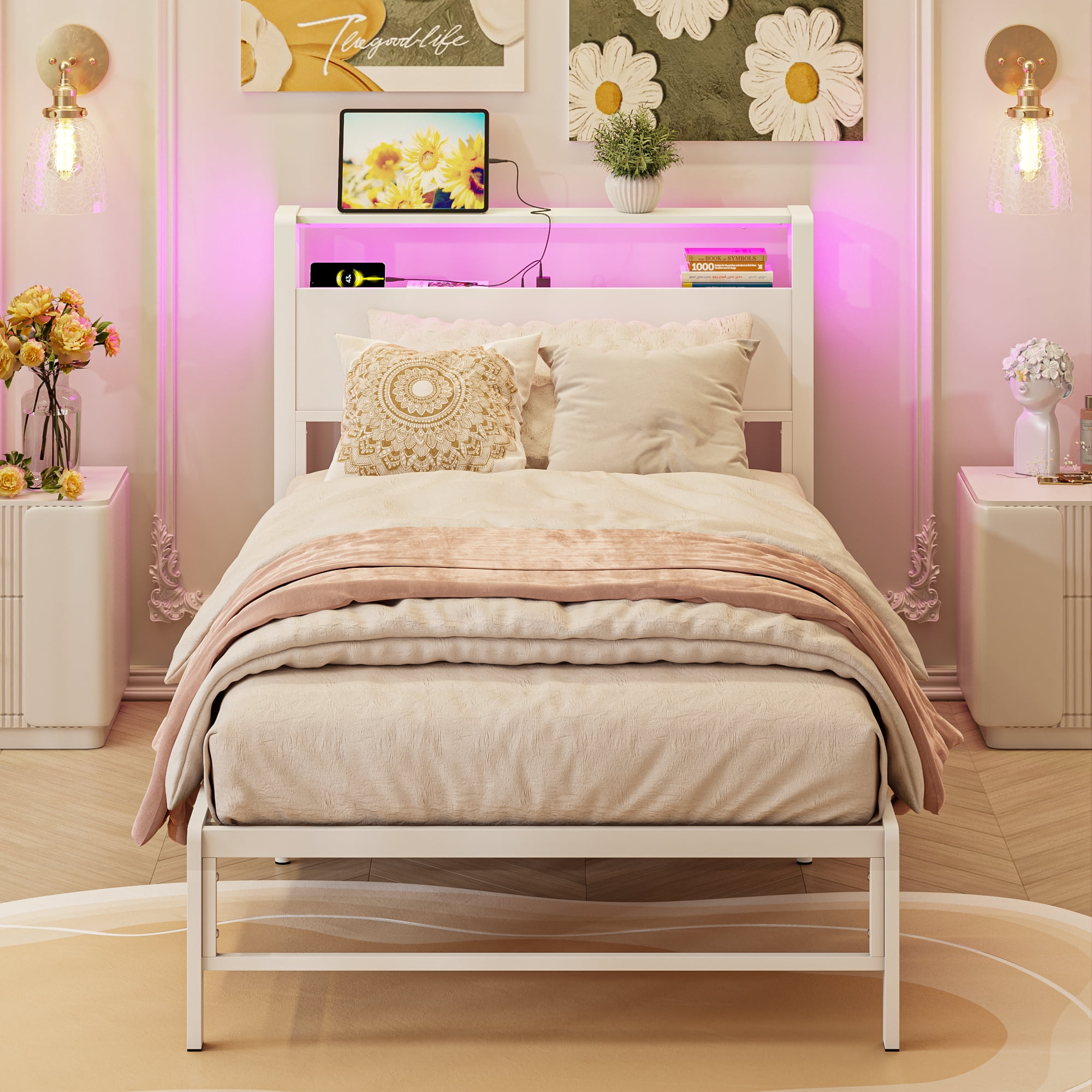 Yoneston Power Outlet LED Light Twin Metal Platform Bed Frame with 2-Tier Storage USB Port Charging Station Headboard for Kids Boys Girls, White