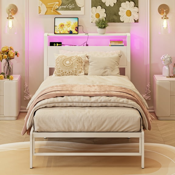 Yoneston Power Outlet LED Light Twin Metal Platform Bed Frame with 2-Tier Storage USB Port Charging Station Headboard for Kids Boys Girls, White