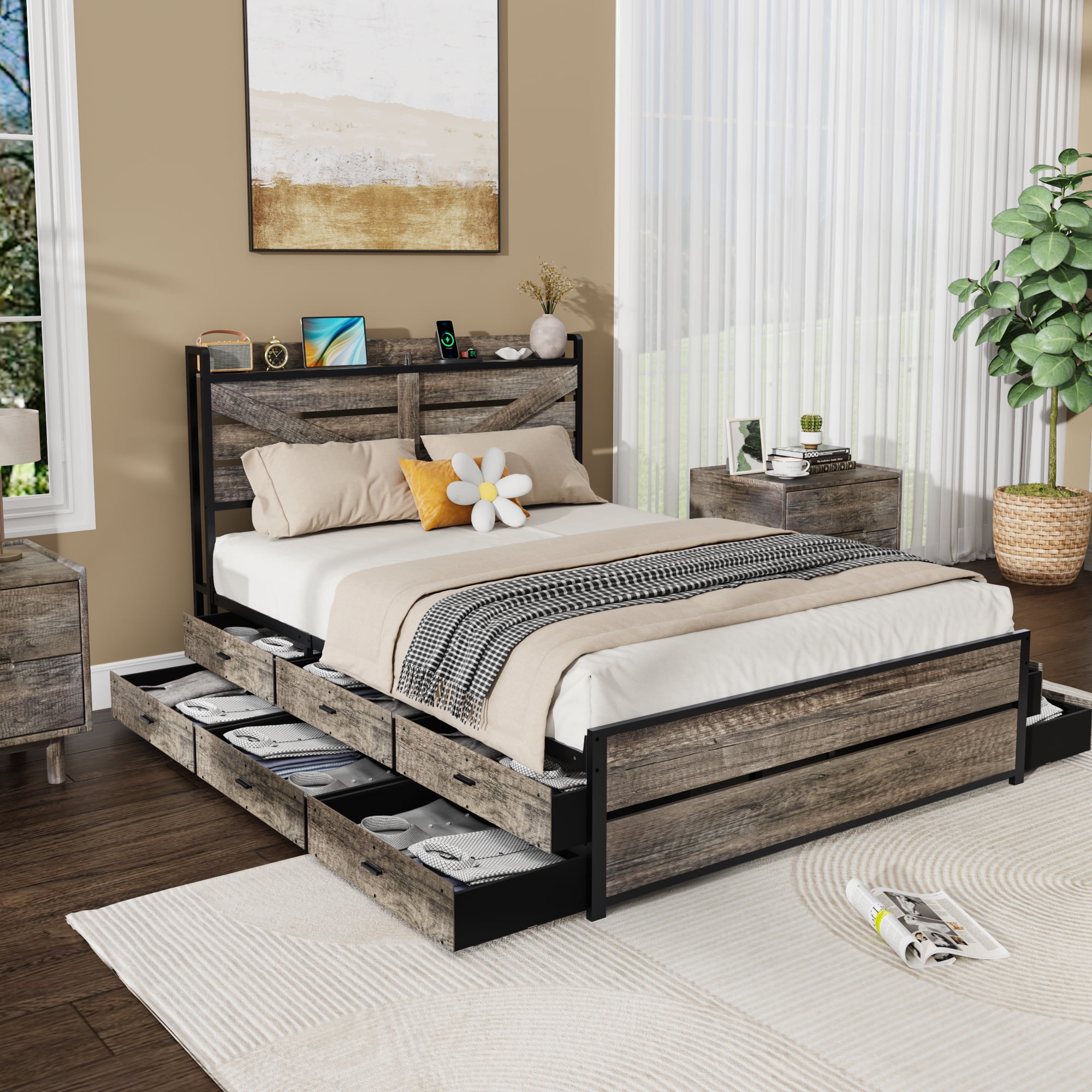 Yoneston Queen Bed Frame with Charging Storage Headboard and 12 Drawers, Farmhouse Metal Platform Bed No Box Spring Required, Brown