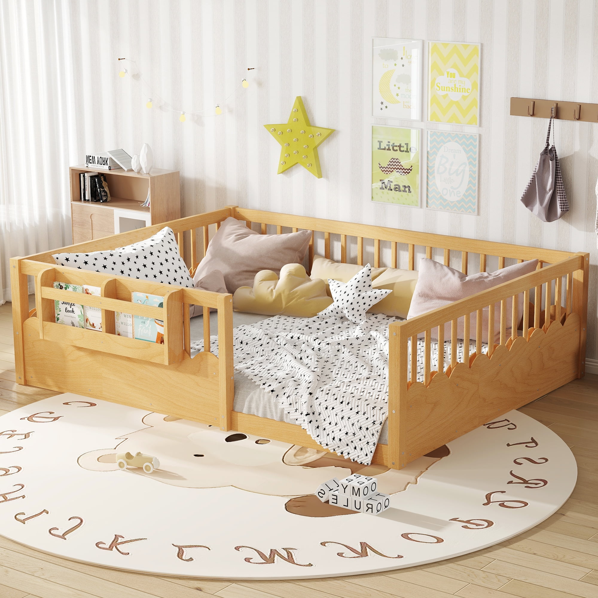 Mintazer Queen Montessori Floor Bed with Bookshelf & Heightened Fence, Kids Wood Floor Bed for Boys and Girls, Natural