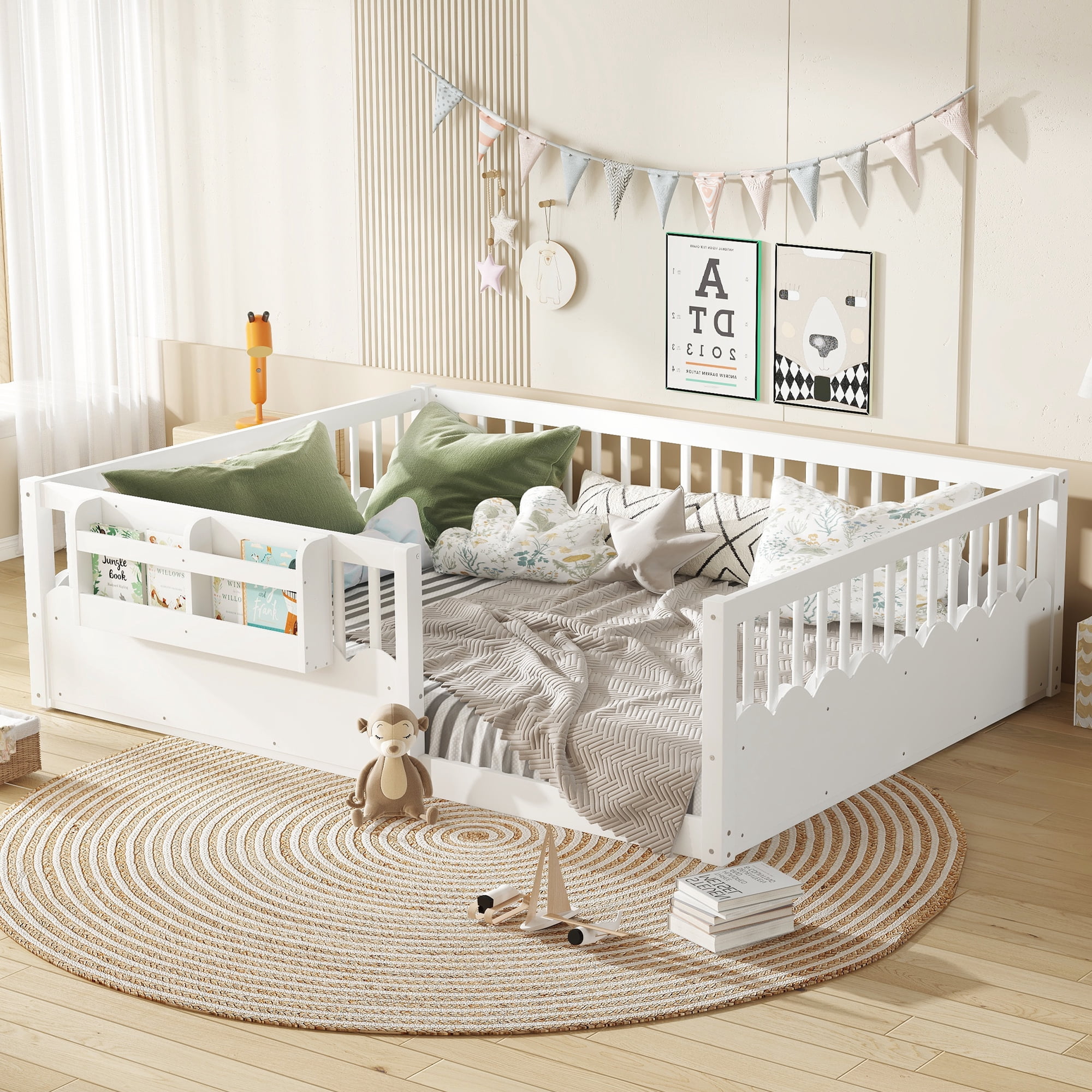 Mintazer Queen Montessori Floor Bed with Bookshelf & Heightened Fence, Kids Wood Floor Bed for Boys and Girls, White