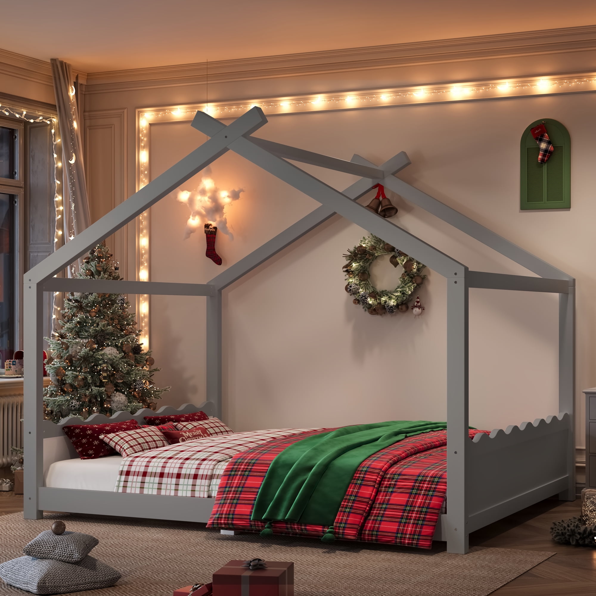 Yoneston Queen House Floor Bed with Roof, Solid Wood Platform Bed Frame with Opening Constructure for Kids, No Box Spring Needed, Gray