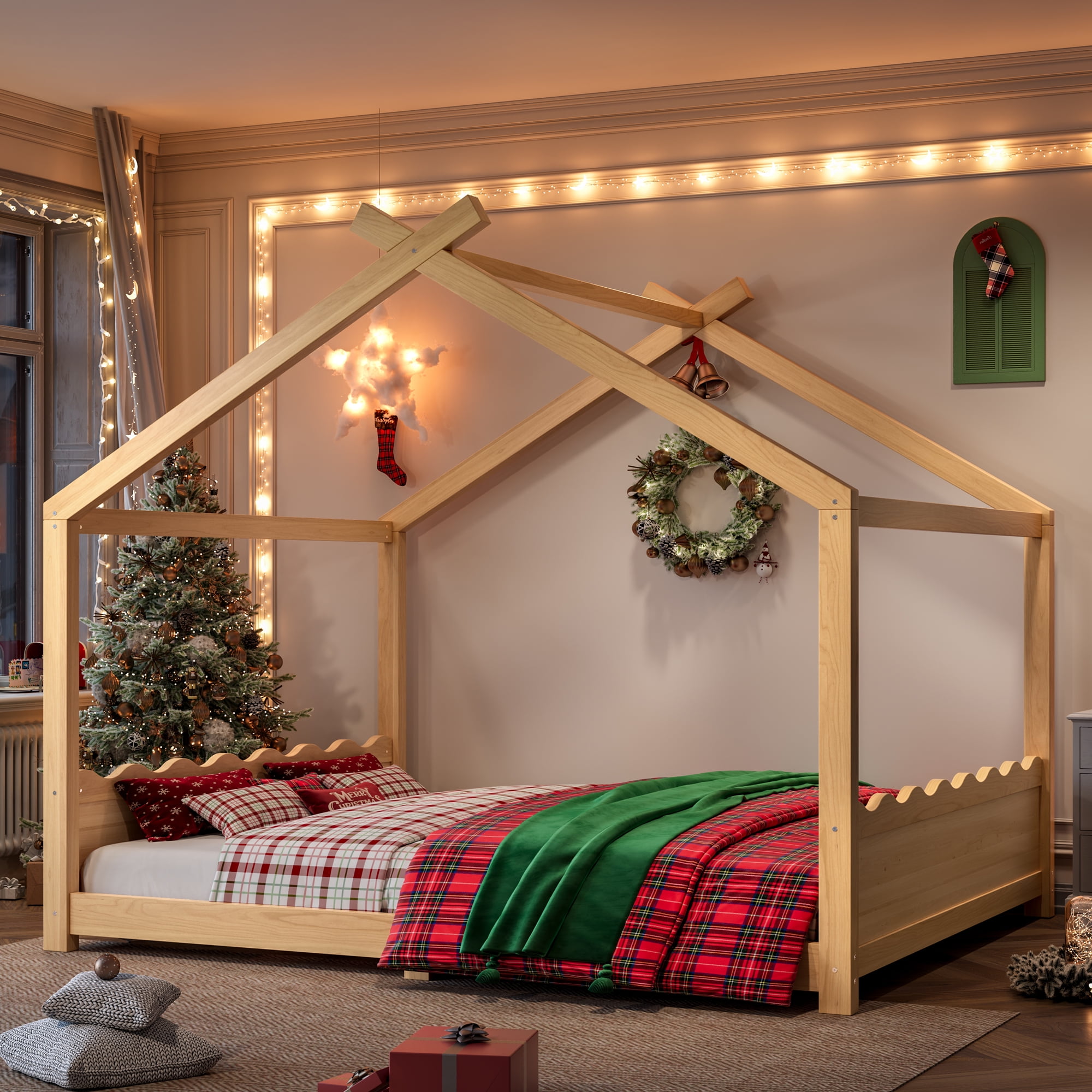 Yoneston Queen House Floor Bed with Roof, Solid Wood Platform Bed Frame with Opening Constructure for Kids, No Box Spring Needed, Natural