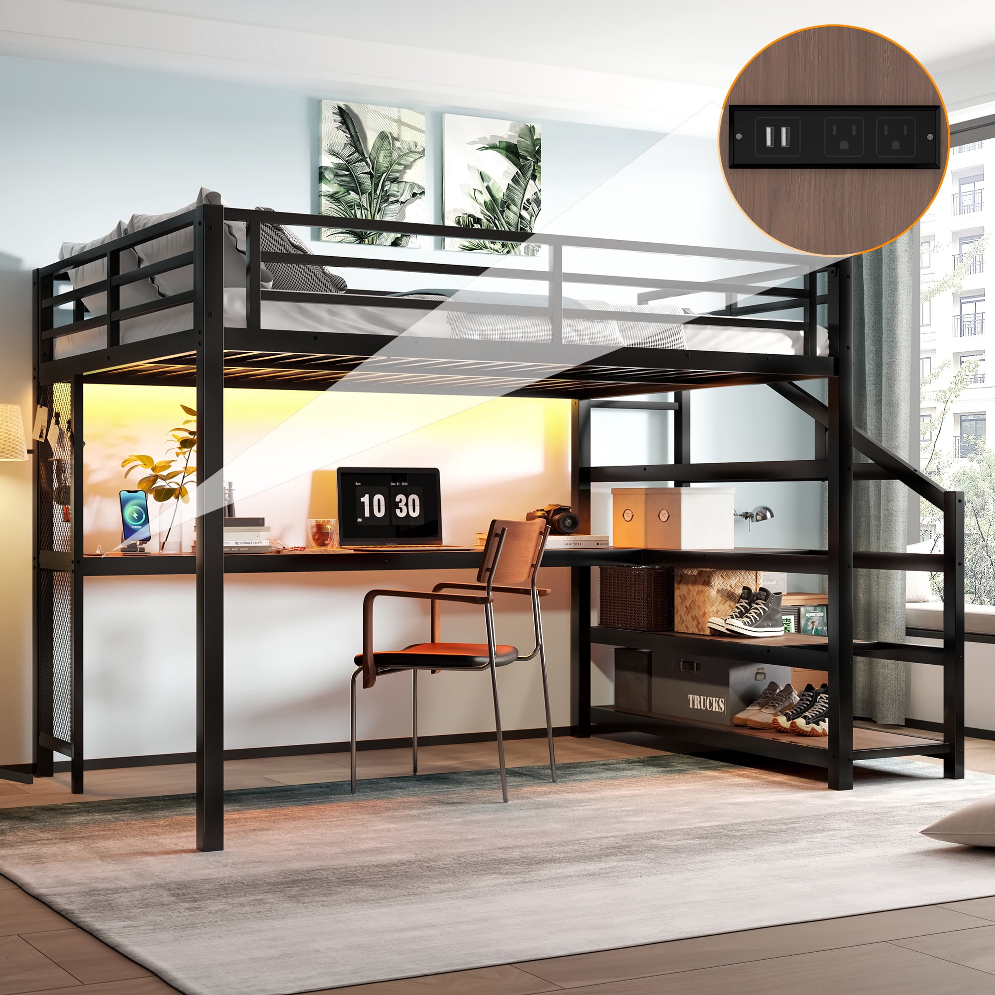 Mintazer Queen Loft Bed with LED Light & Desk and Charging Ports, Metal Loft Bed with Storage Shelves Stairs for Bedroom Playroom Game Room, Black