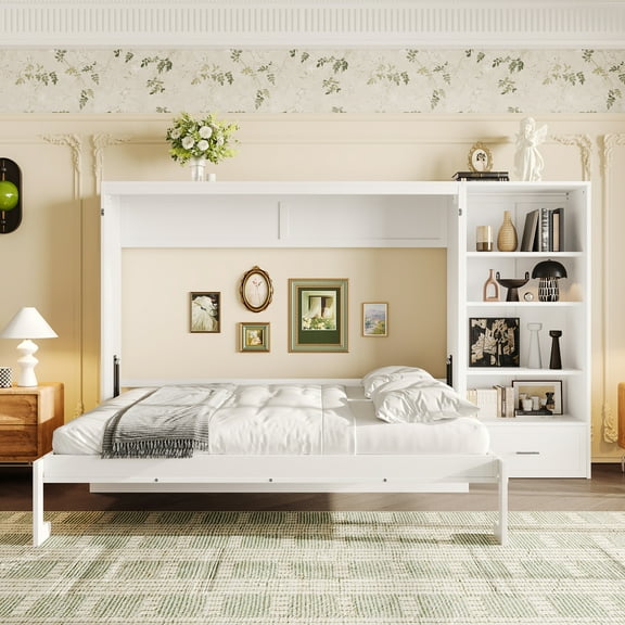 Yoneston Queen Murphy Bed with Height Adjustable Storage Compartments and Shelf, Multifunctional Wall Cabinet Foldable Platform Bed for Small Space Bedroom Guest Room, White