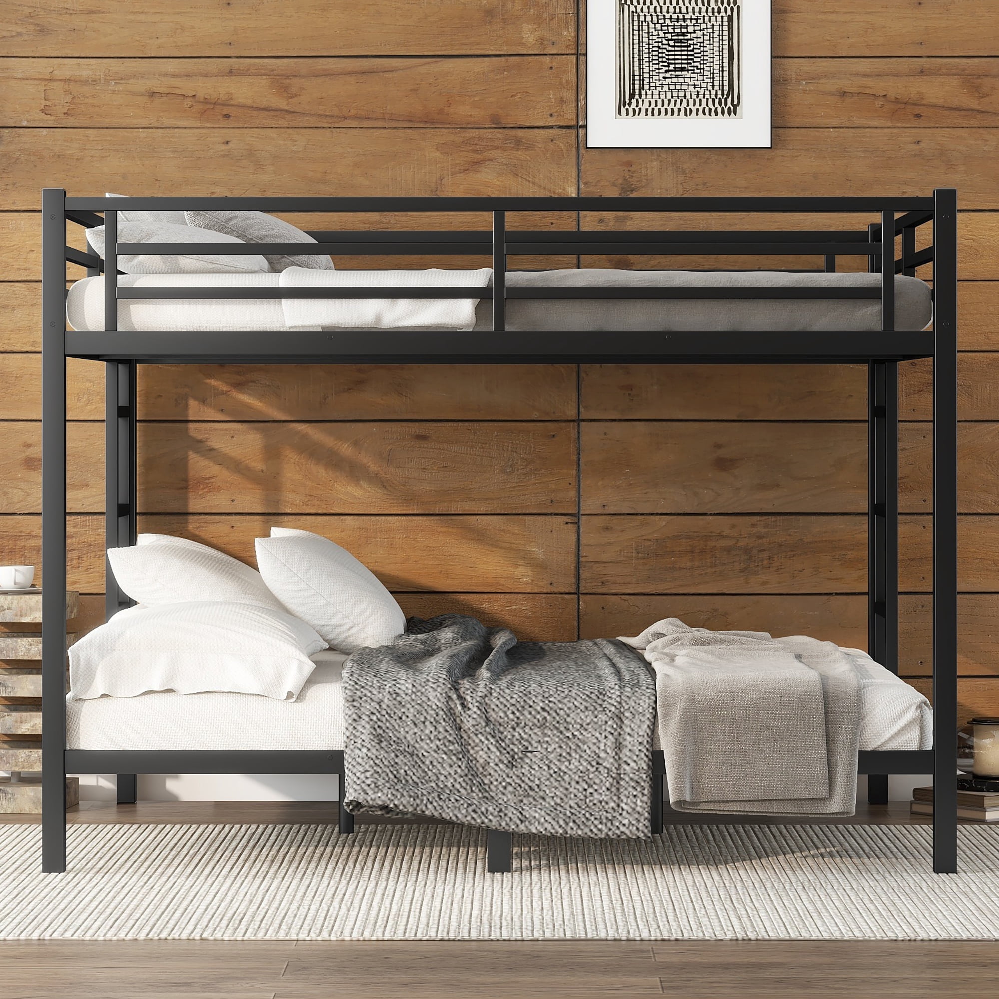 Mintazer Queen Over Queen Metal Bunk Bed with 2 Side Ladders & Guardrails for Teens Adults Bedroom Dorm, Black