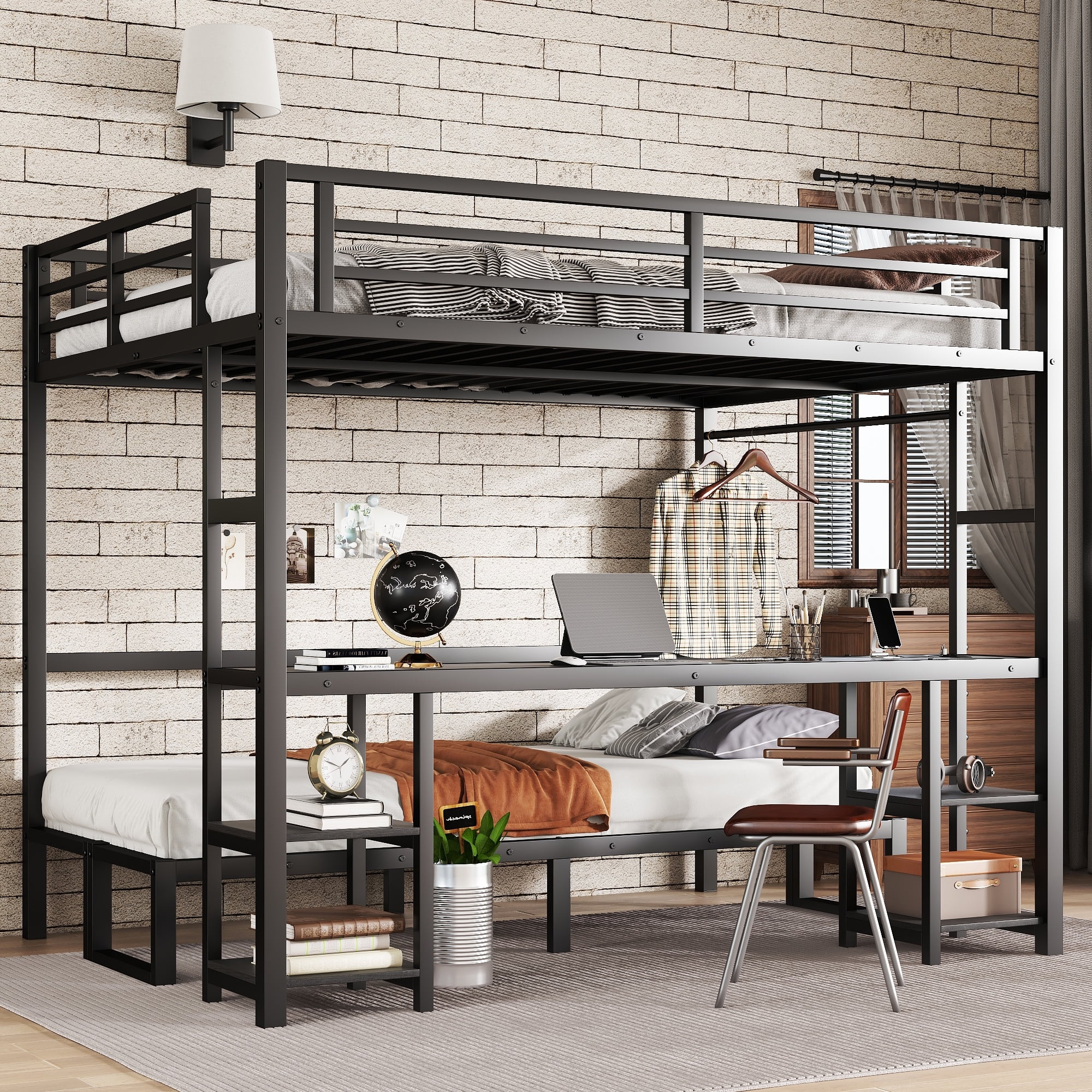Mintazer Queen Over Twin XL Metal Bunk Bed with Desk and Shelves Built-in LED & USB Charging Ports, 2 in 1 Folding Sofa Bed for Kids Teens, Black
