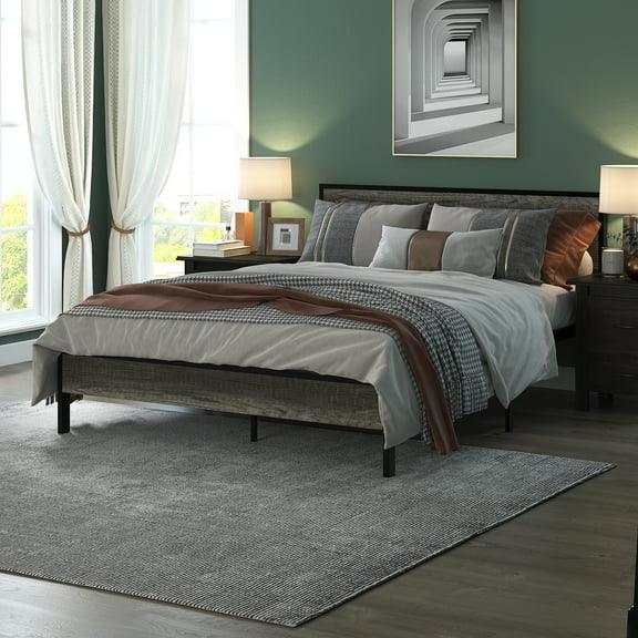 Yoneston Queen Platform Bed Frame with Wood Headboard and Footboard, Heavy Duty Metal Slat Easy Assembly Bedroom Furniture for Adult, Black Oak