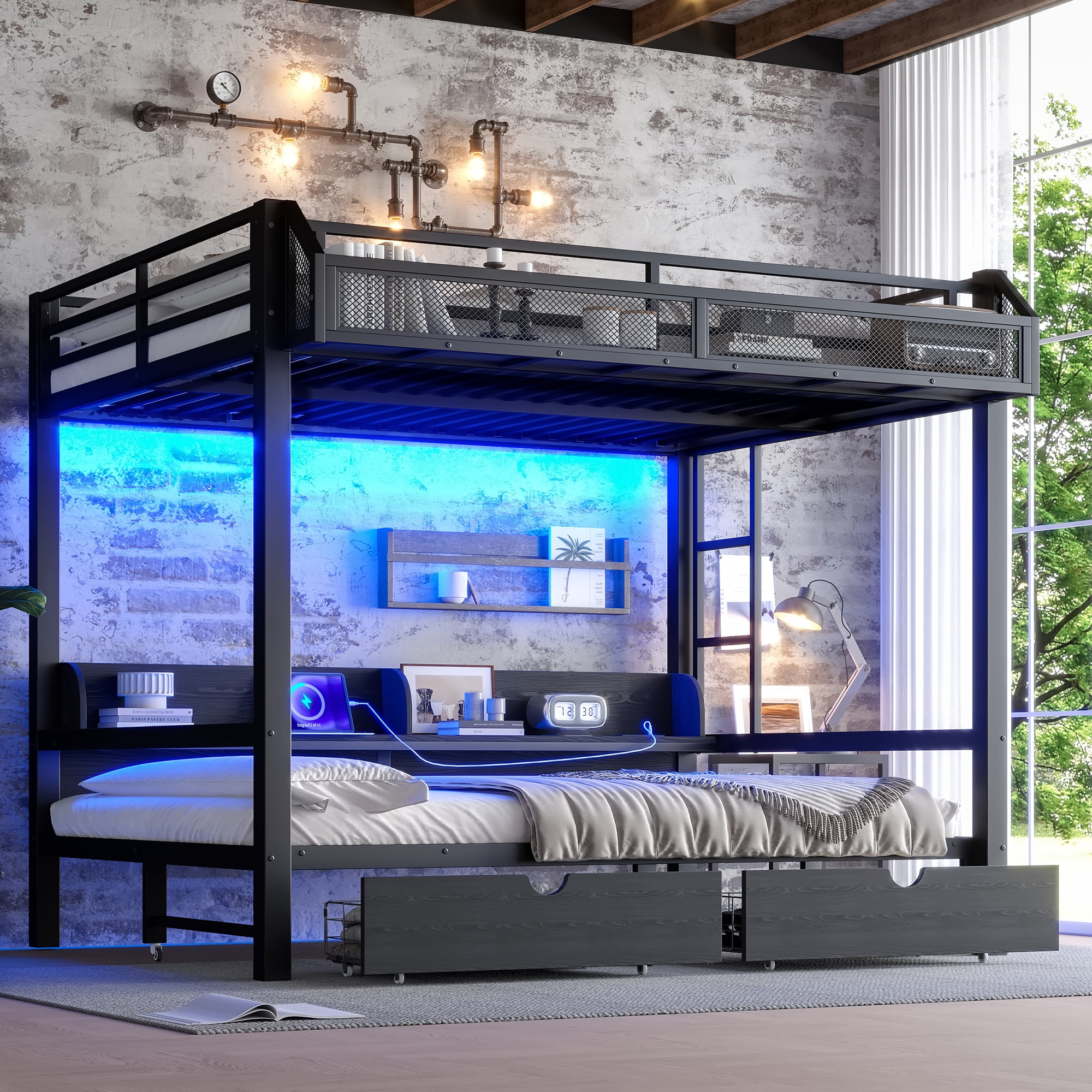 Mintazer Queen Over Queen Metal Bunk Bed with &nbsp;LED Light Strip & USB Ports, Multifunctional Metal Bunk Beds with 3 Shelves & 2 Drawers and Convertible Lower Bed for Bedroom Dorm, Black