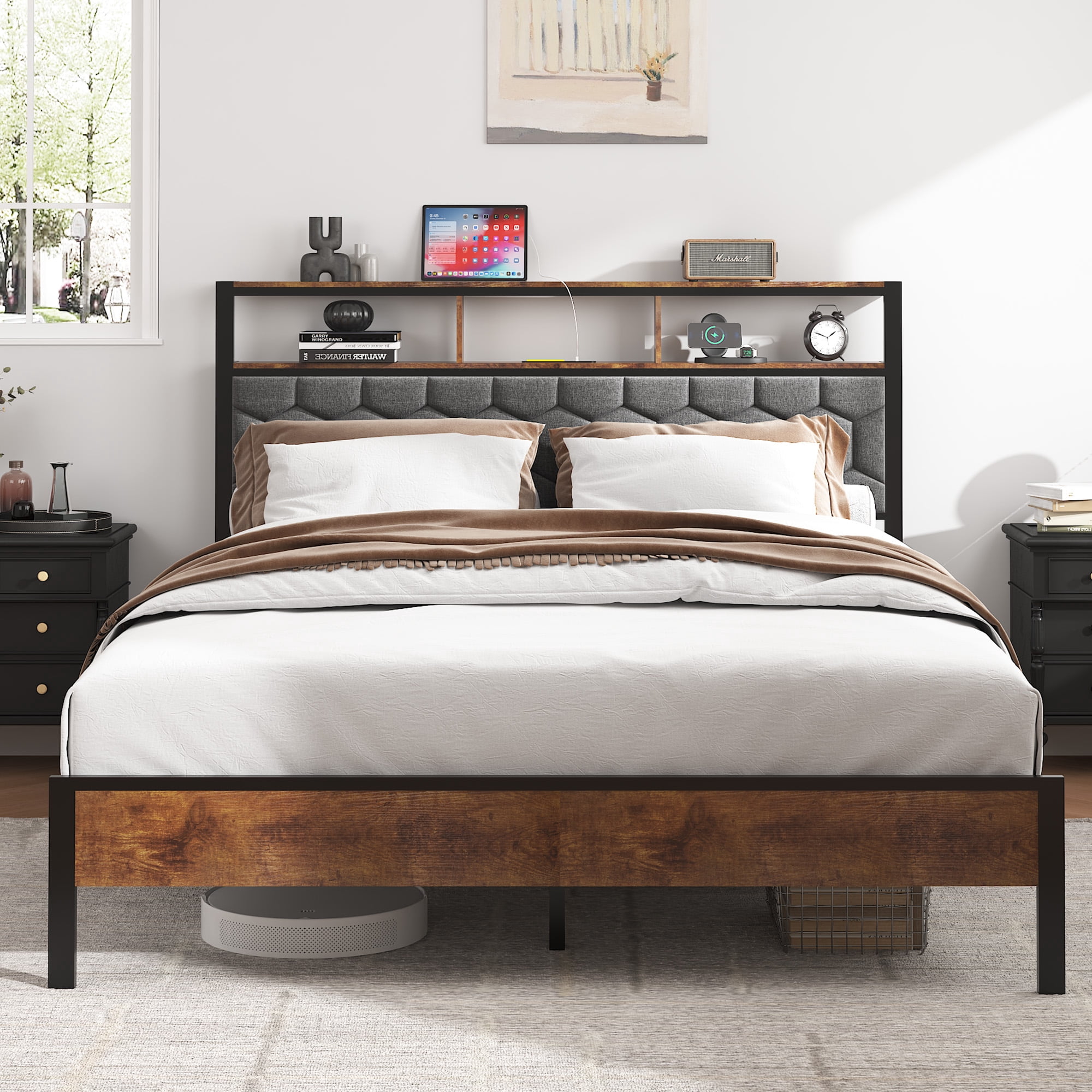 Yoneston Queen Size Bed Frame with Upholstered Storage Headboard and USB Charging, Retro Metal Platform Bed Frame with Under-Bed Storage Noise Free for Bedroom, Brown