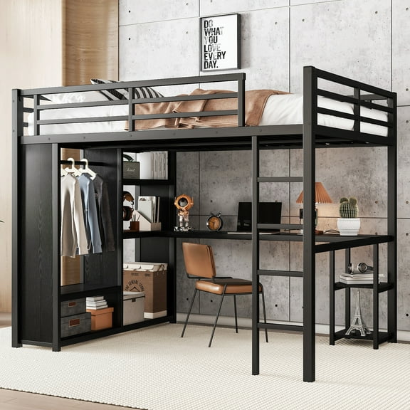 Yoneston Queen Size Loft Bed Frame with Built-in Wardrobe, Sturdy Metal Loft Bed with Desk and Storage Shelves, Black