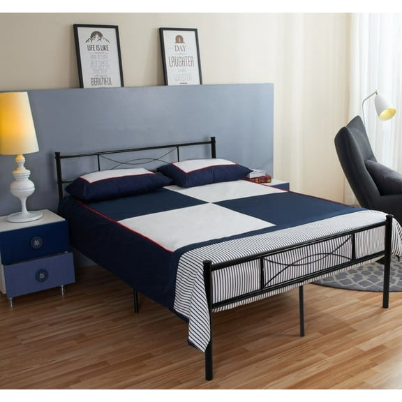 Yoneston Queen Size Metal Bed Bedroom Mattress Platform Foundation with Headboard