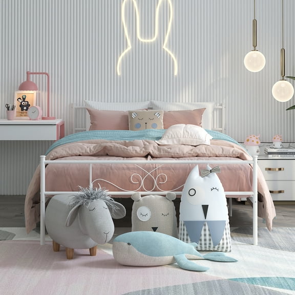 Yoneston Queen Size Metal Bed Frame Bedroom Mattress Platform Foundation with Headboard, White