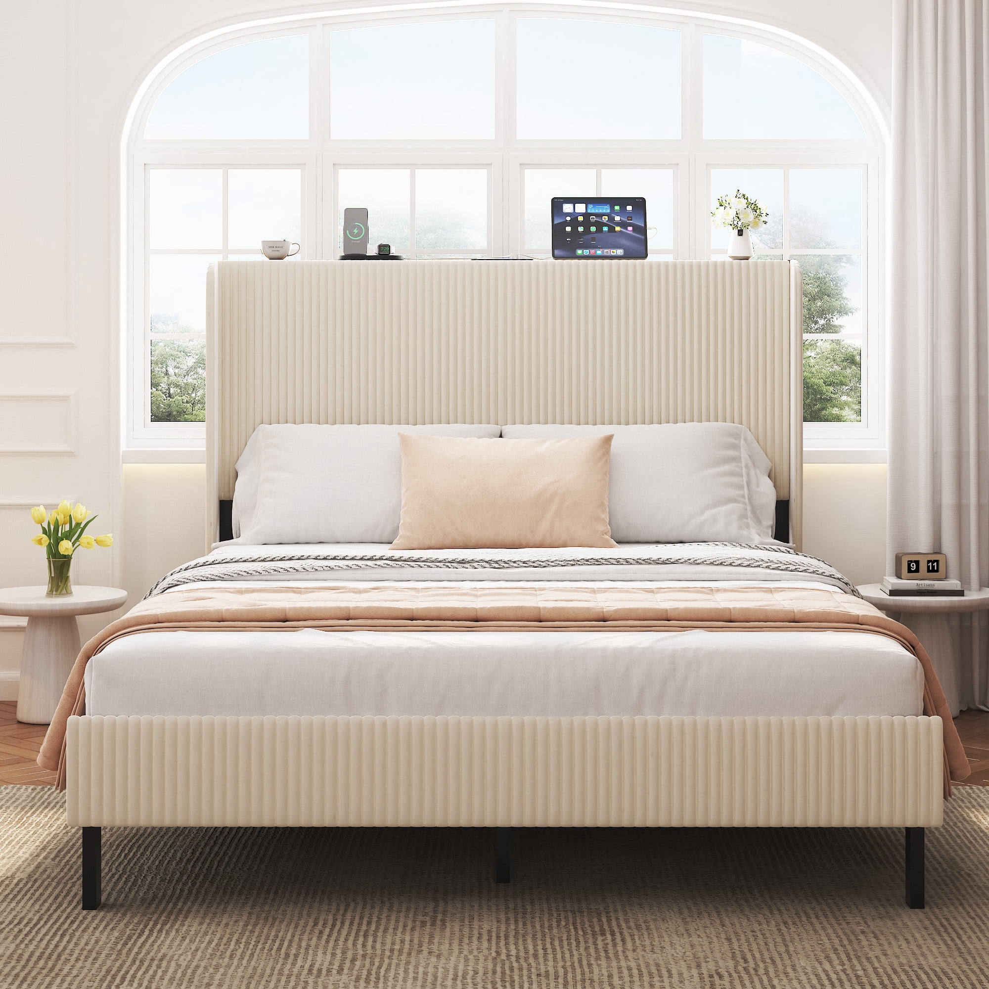 Yoneston Queen Size Platform Bed Frame with Velvet Upholstered Headboard Storage Shelf and USB Port Charging Station for Bedroom, Beige