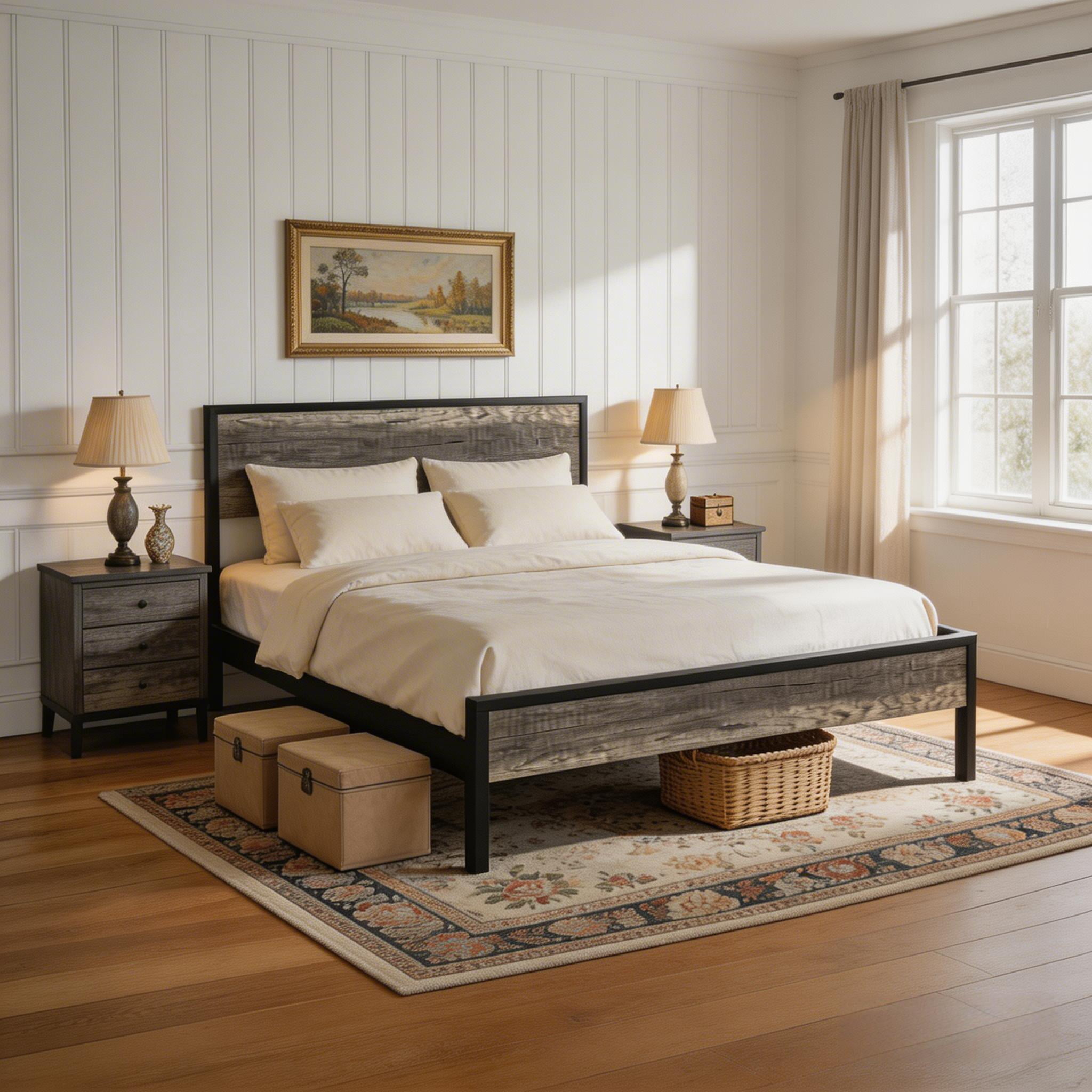 Yoneston Black Oak Queen Size Platform Bed Frame with Vintage Wood Headboard & Footboard