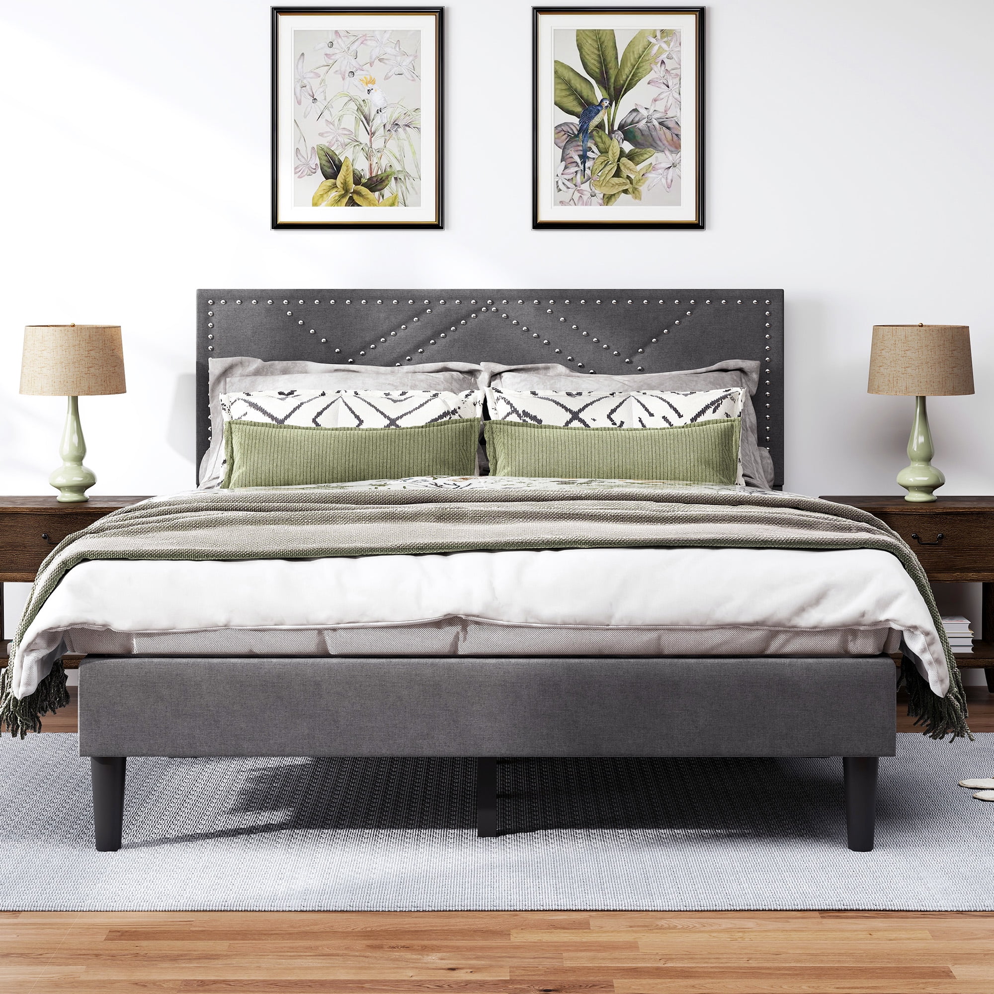 Yoneston Queen Size Storage Bed Frame with Linen Upholstered Headboard and Under-Bed Storage, No Box Spring Needed, Quiet Gliding & Heavy Duty Support, Carbon Gray