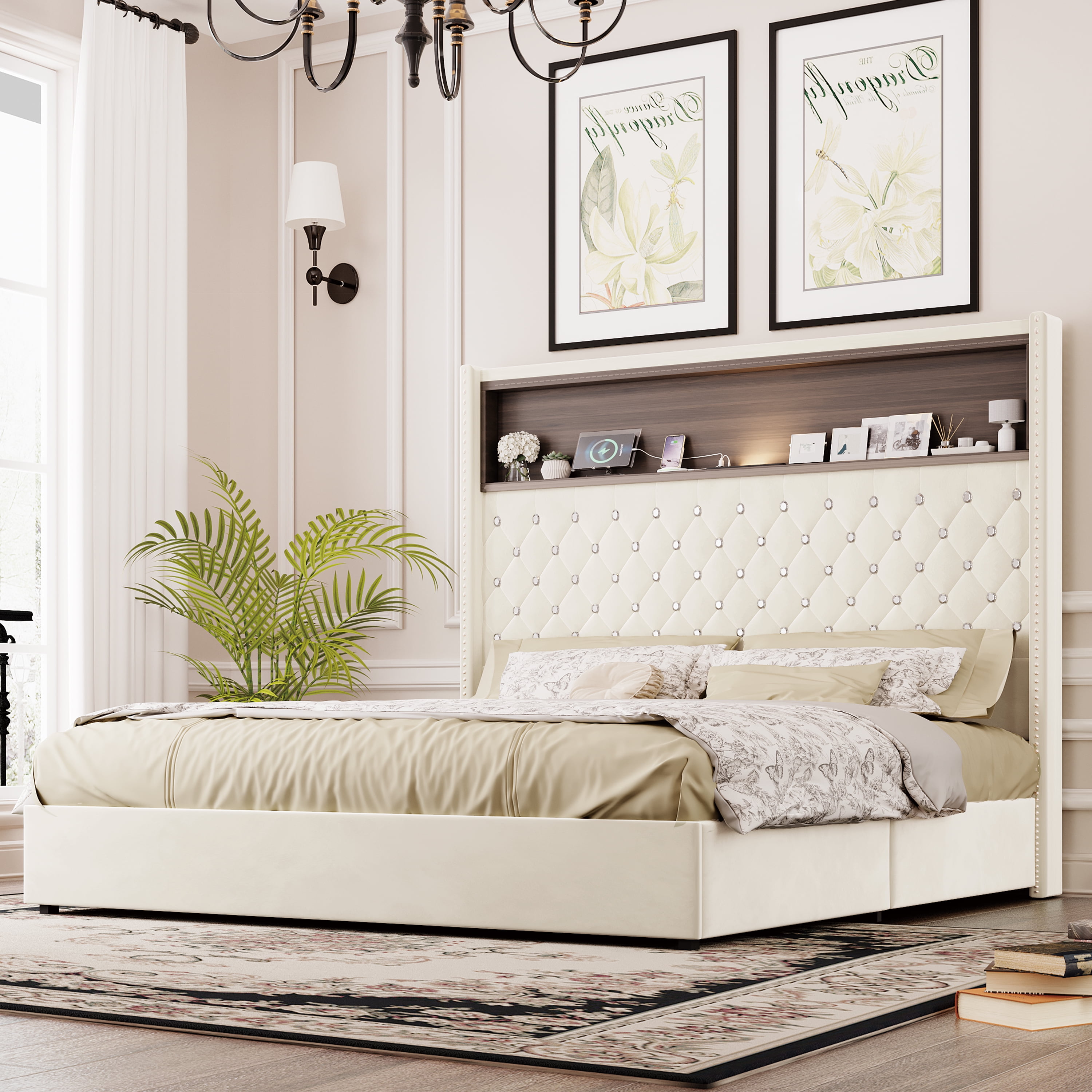 Yoneston Queen Upholstered Platform Bed Frame with 52" High Tufted Storage Shelf Headboard, Charging Station & Night Light, No Box Spring Needed, Beige