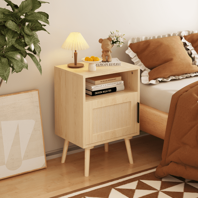 Yoneston Rattan Nightstand with Open Shelf Natural Bedside Table for Bedroom, Dorm and Small Spaces, Beige