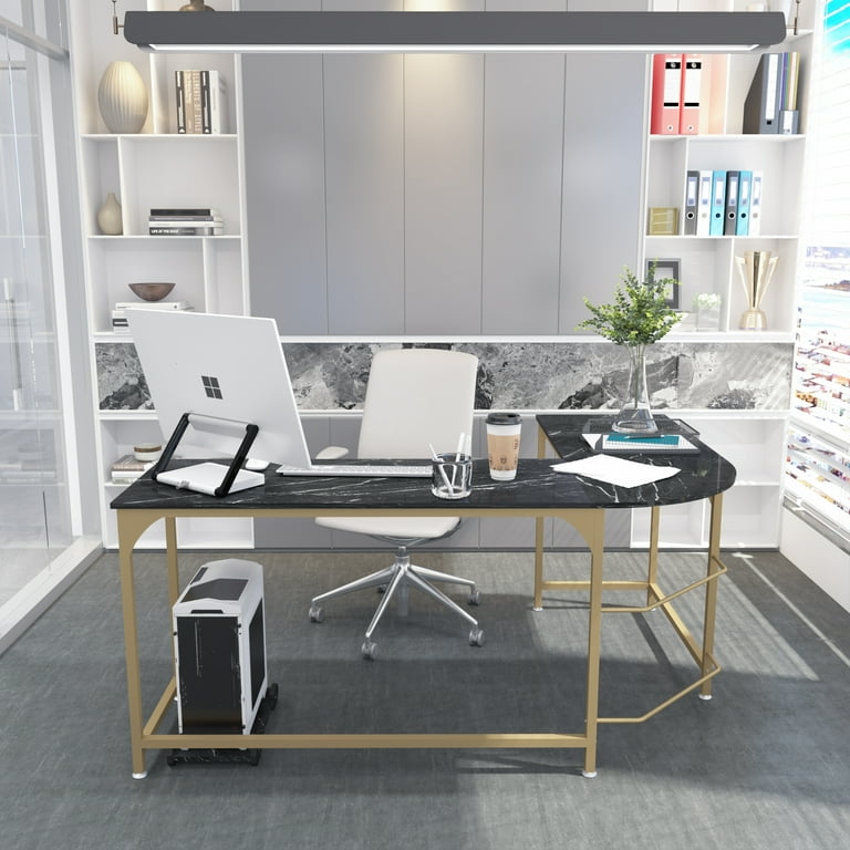 Yoneston Reversible L Shape Gaming Computer Desk with Black Faux