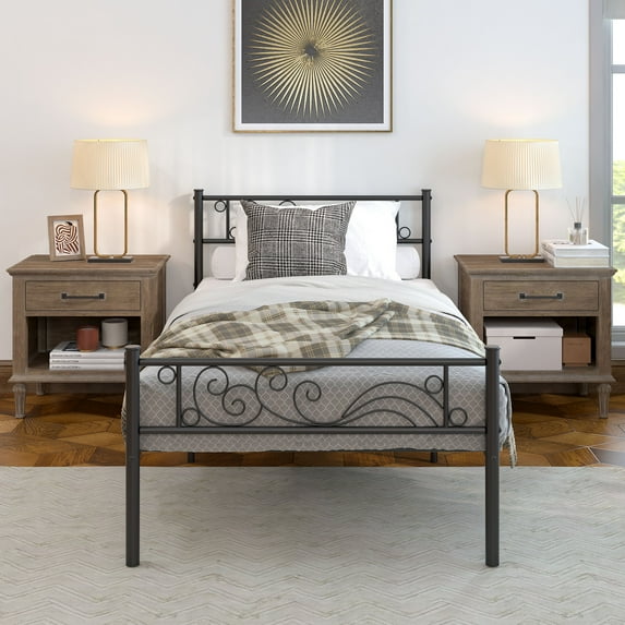 Yoneston Single Metal Platform Bed Frame Twin Size Bed frame with Headboard & Footboard Kids Bedroom Furniture,Black