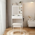 thumbnail image 1 of Yoneston Small Makeup Vanity Desk Set with Mirror and Adjustable LED Lights, Hidden Storage Vanity Table with Cushioned Chair Power Outlet Hair Dryer Rack and 2 Drawers for Bedrooms, White, 1 of 9