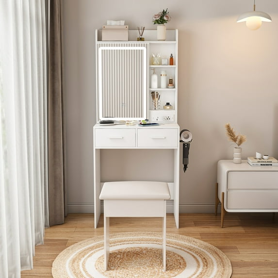 Yoneston Small Makeup Vanity Desk Set with Mirror and Adjustable LED Lights, Hidden Storage Vanity Table with Cushioned Chair Power Outlet Hair Dryer Rack and 2 Drawers for Bedrooms, White