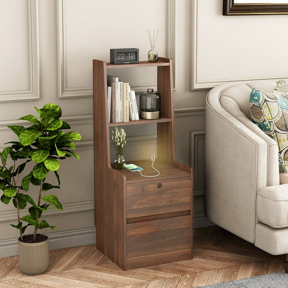 Yoneston Stoage Nightstand with Charging Station and Removable Smart LED Night Light, Modern Tall Bedside Table with Open Shelves and Drawers, Brown Teak