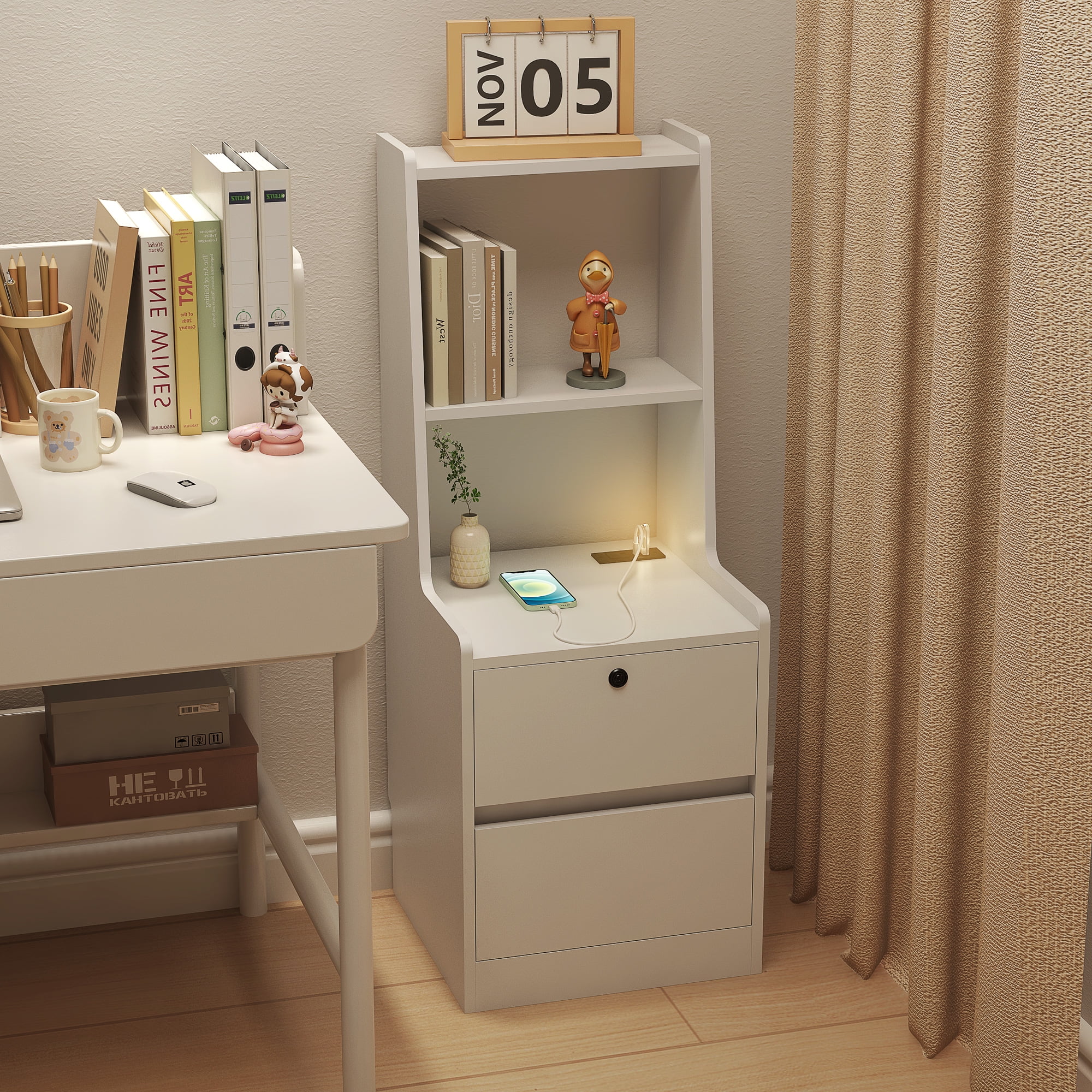 Yoneston Stoage Nightstand with Charging Station and Removable Smart LED Night Light, Modern Tall Bedside Table with Open Shelves and Drawers, White