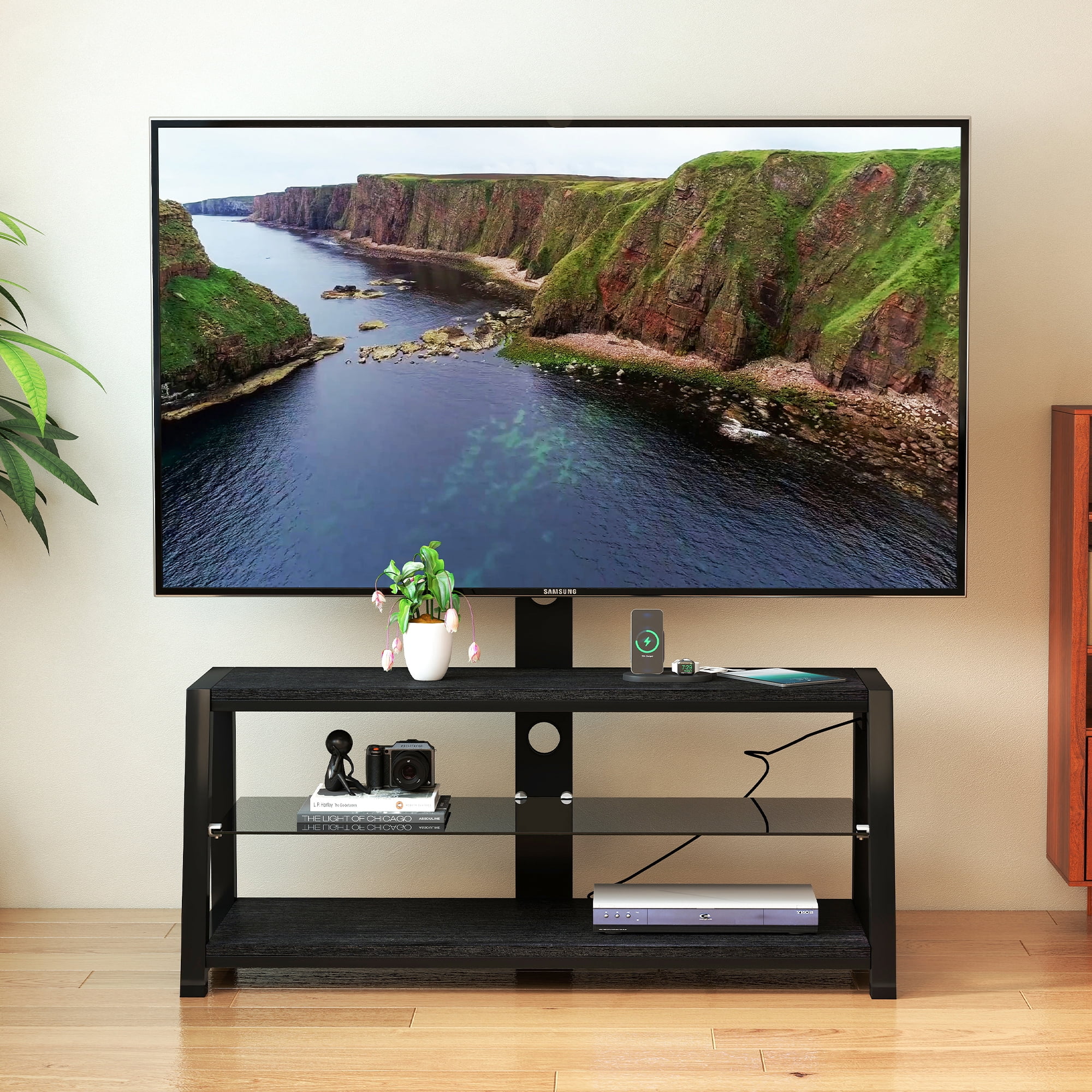 Yoneston TV Stand with Charging Station for TVs up to 65", Height Adjustable Universal Swivel Entertainment Center with Open Shelves Television Cabinet for Home, Black