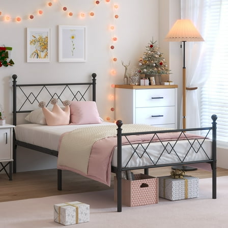 Yoneston Teen’s Twin Size Metal Platform Bed Frame with Curve Shape Headboard for Boys Kids Bedroom Furniture, Black