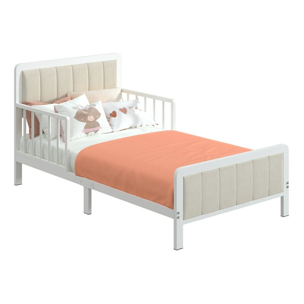 Yoneston Toddler Metal Platform Bed Frame with Guardrails Transition Crib Upholstered Bed for Boys Girls White
