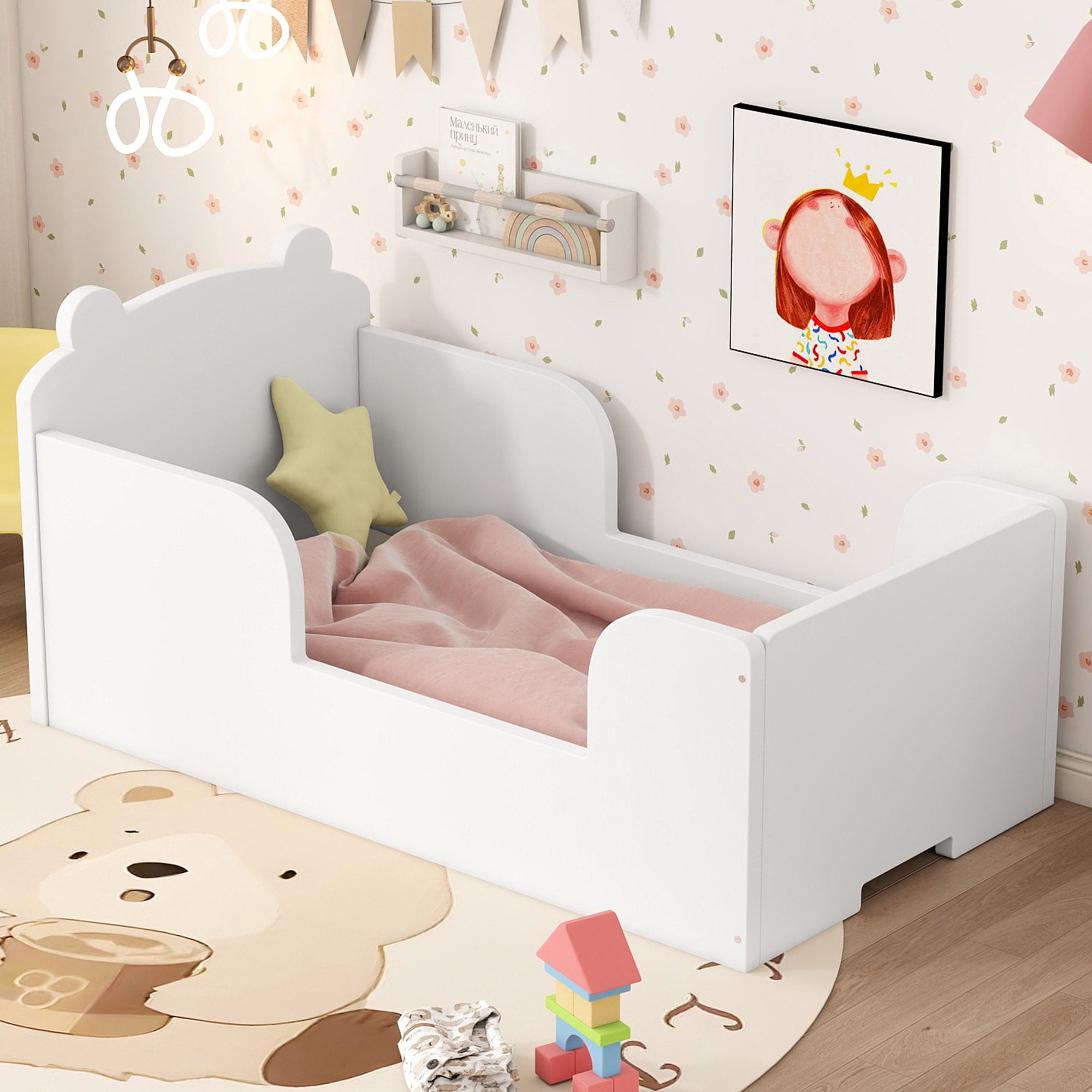 Yoneston Toddlers Floor Bed with High Safety Guardrail, Bear Shaped Cot Bed for Toddlers Boys Girls Ages 3-6, White