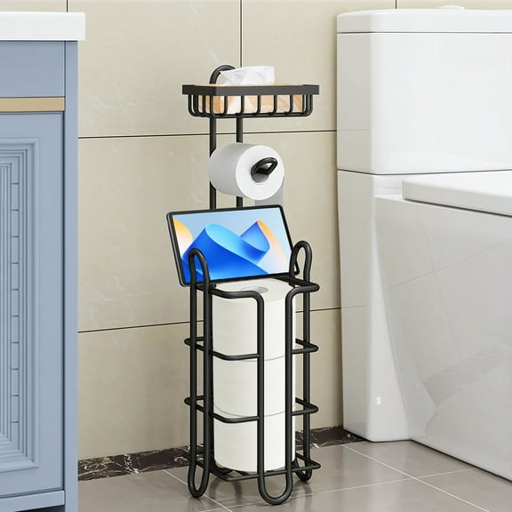Yoneston Toilet Paper Holder with Large Top Shelf Heavy Duty Bathroom Freestanding Toilet Paper Roll Stand, Iron Black