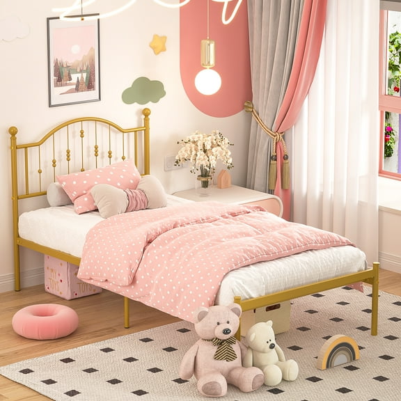 Yoneston Twin Bed Frame Kids Heavy Duty Support Metal Platform Bed Frame with Headboard, Gold